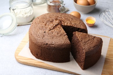 Photo of Cut chocolate sponge cake and ingredients on light table, closeup