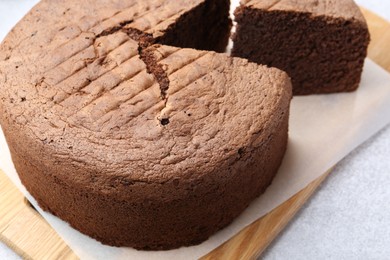 Photo of Cut chocolate sponge cake on light table, closeup