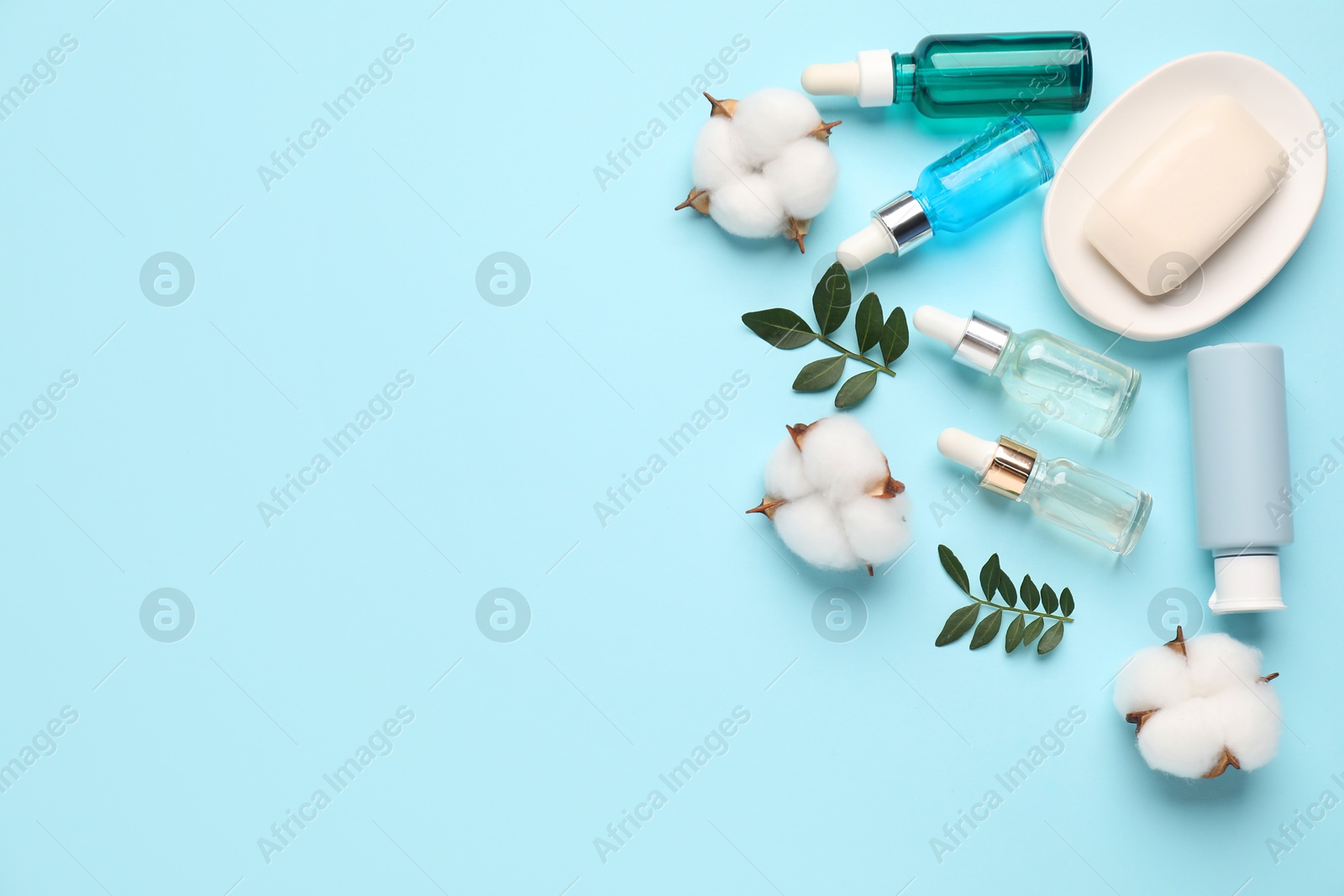 Photo of Different cosmetic products, leaves and cotton flowers on light blue background, flat lay. Space for text