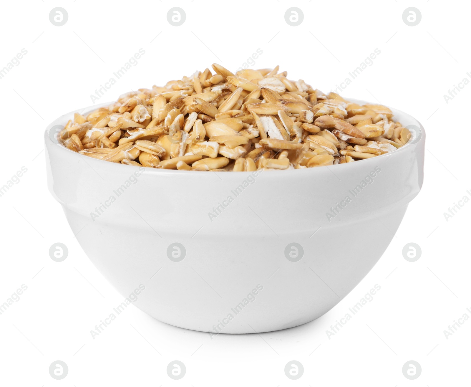 Photo of Dry oat flakes in bowl isolated on white