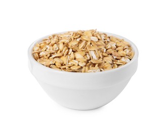 Dry oat flakes in bowl isolated on white