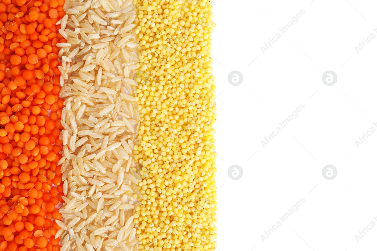 Photo of Different grains and cereals isolated on white, top view