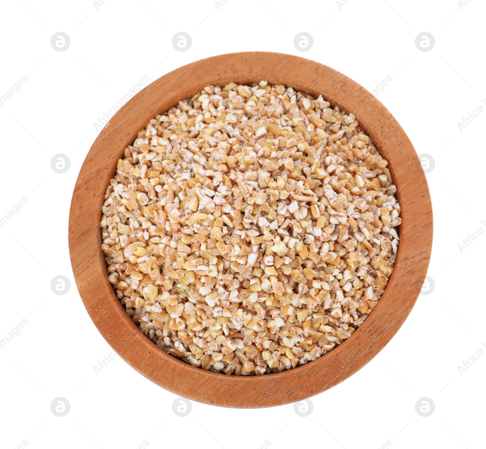 Photo of Dry wheat groats in wooden bowl isolated on white, top view