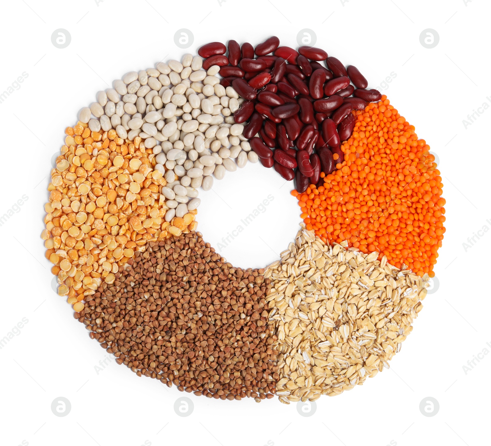 Photo of Frame of cereals and legumes on white background, top view. Space for text