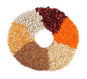 Photo of Frame of cereals and legumes on white background, top view. Space for text