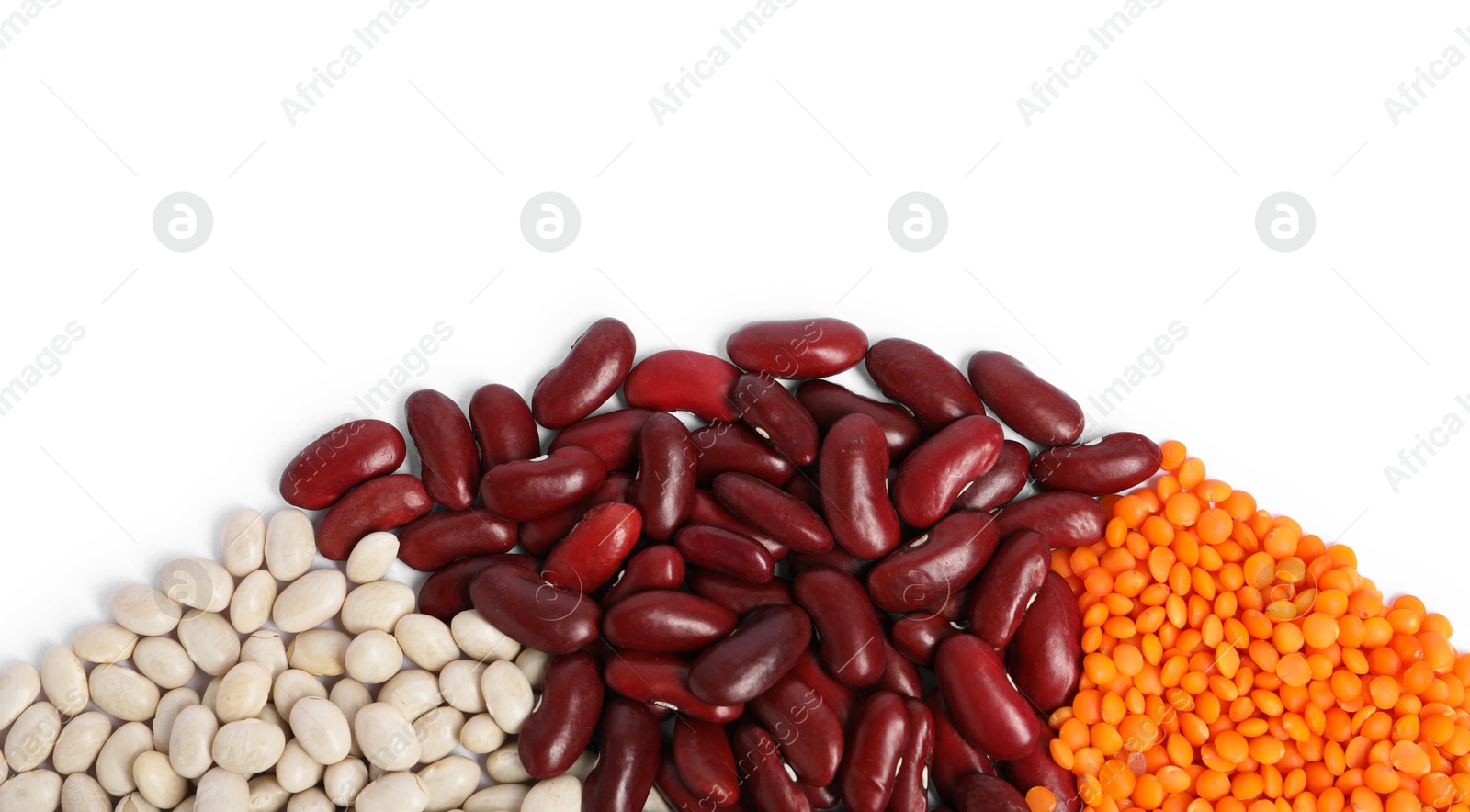 Photo of Different types of legumes isolated on white, top view