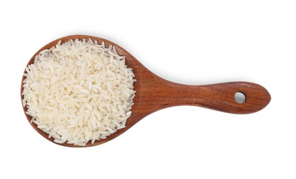 Spoon with raw rice isolated on white, top view