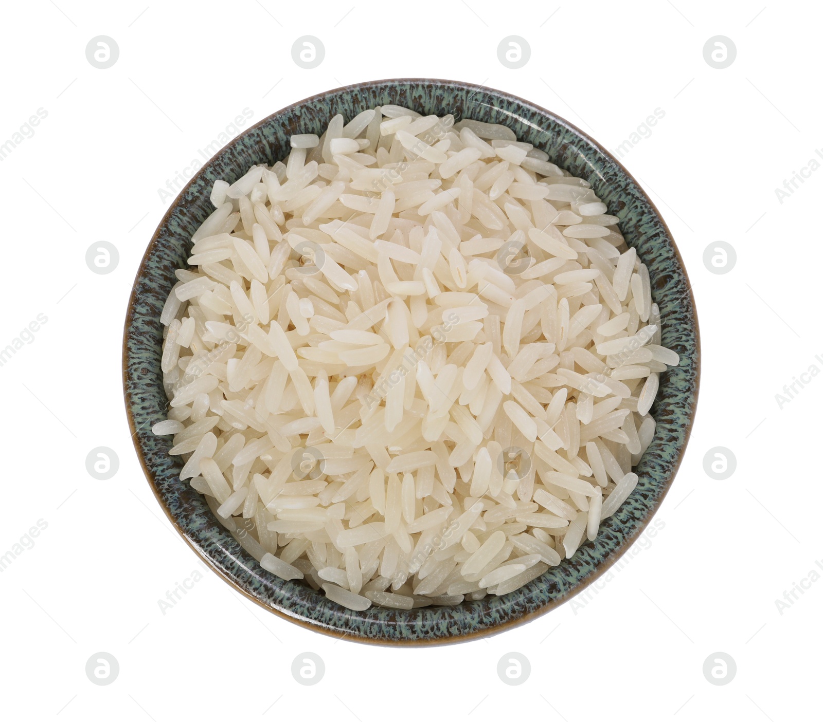 Photo of Raw rice in bowl isolated on white, top view