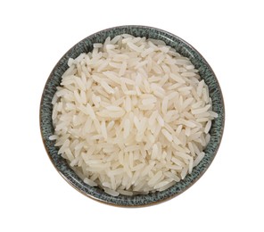 Raw rice in bowl isolated on white, top view