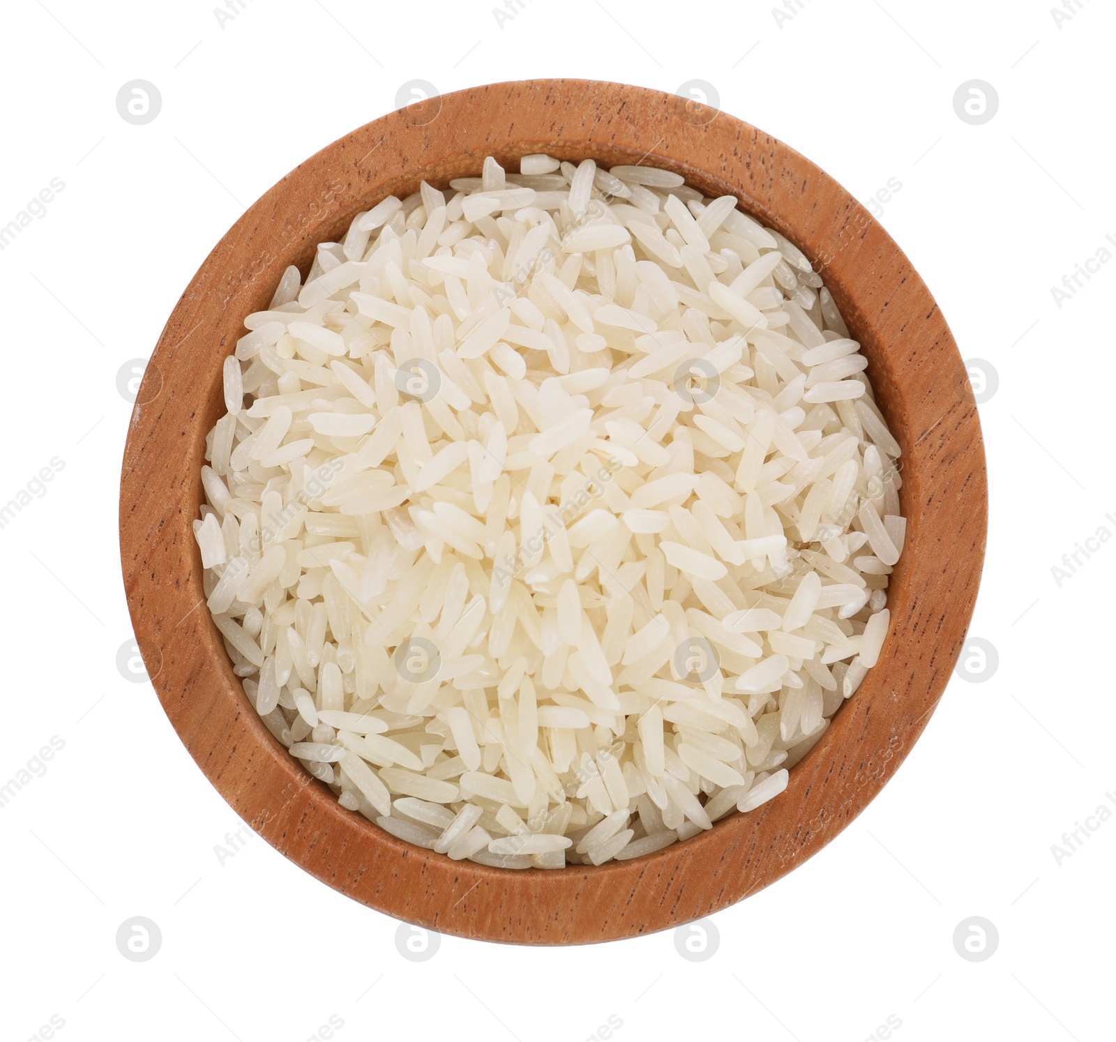 Photo of Raw rice in bowl isolated on white, top view