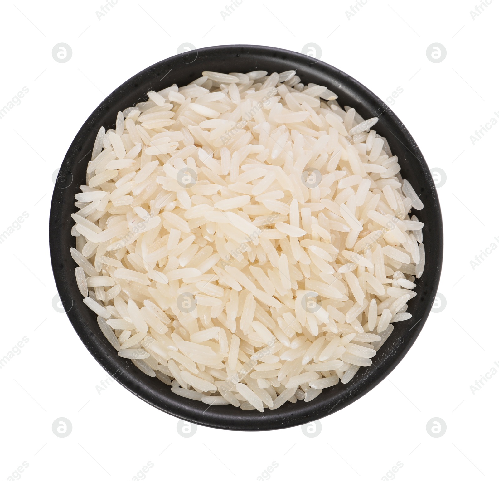 Photo of Raw rice in bowl isolated on white, top view