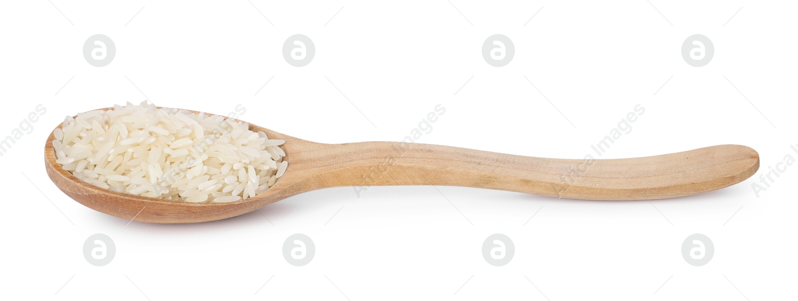 Photo of Spoon with raw rice isolated on white