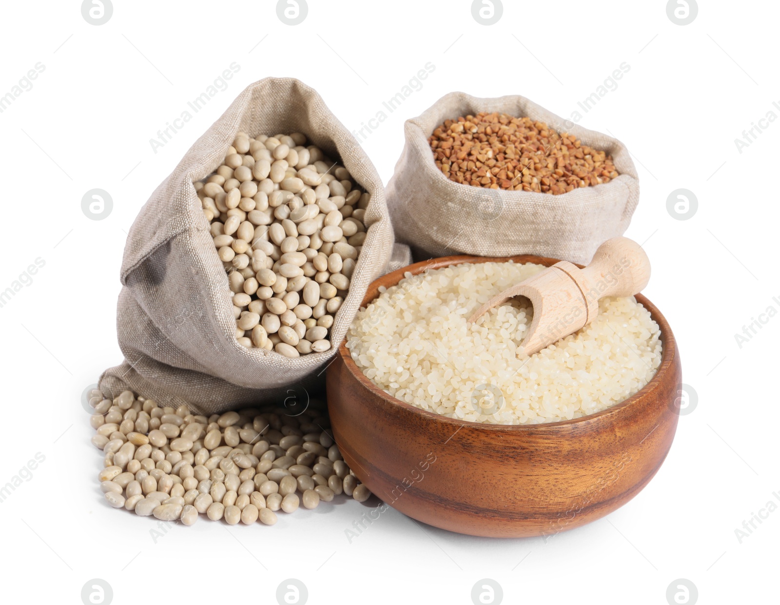 Photo of Beans, rice and buckwheat isolated on white