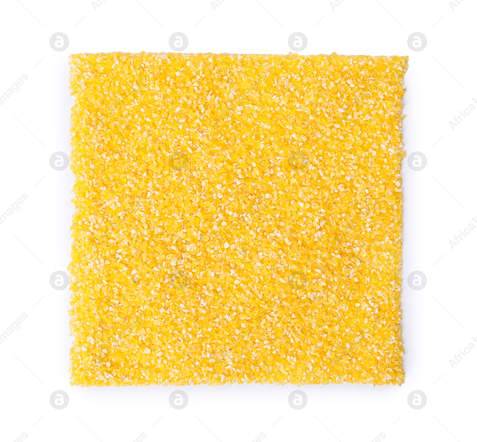 Photo of Raw cornmeal isolated on white, top view