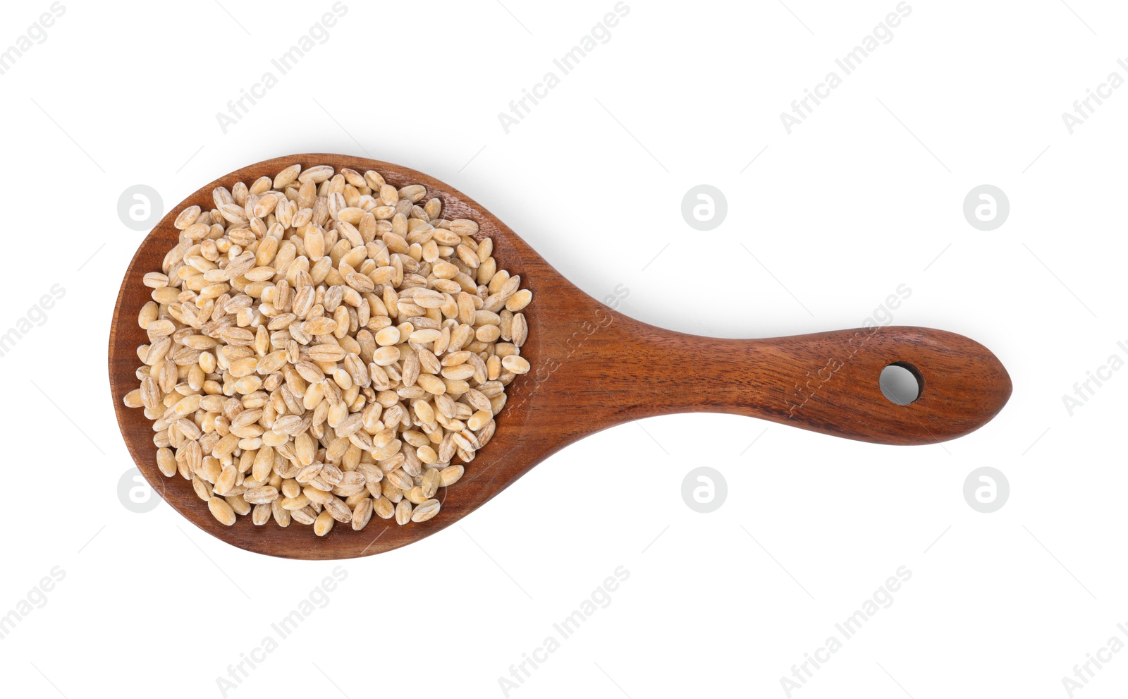 Photo of Spoon with pearl barley groats isolated on white, top view