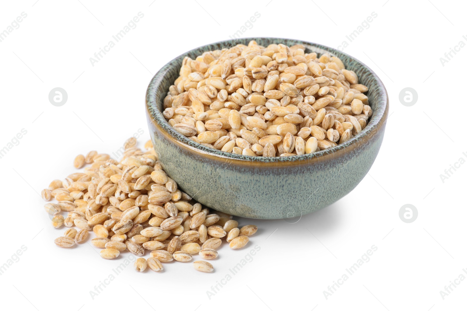 Photo of Pearl barley groats in bowl isolated on white