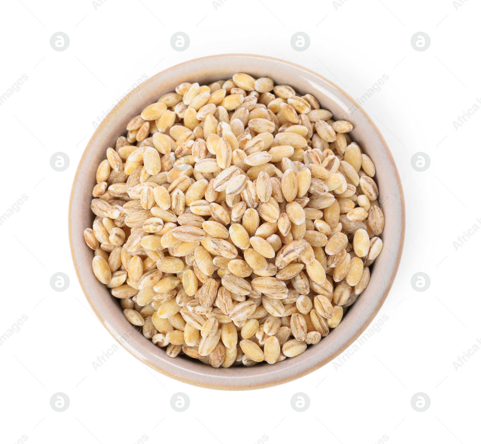 Photo of Pearl barley groats in bowl isolated on white, top view