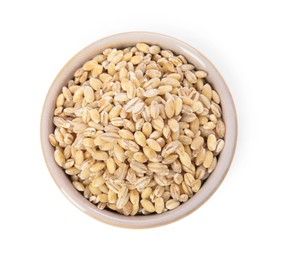 Pearl barley groats in bowl isolated on white, top view