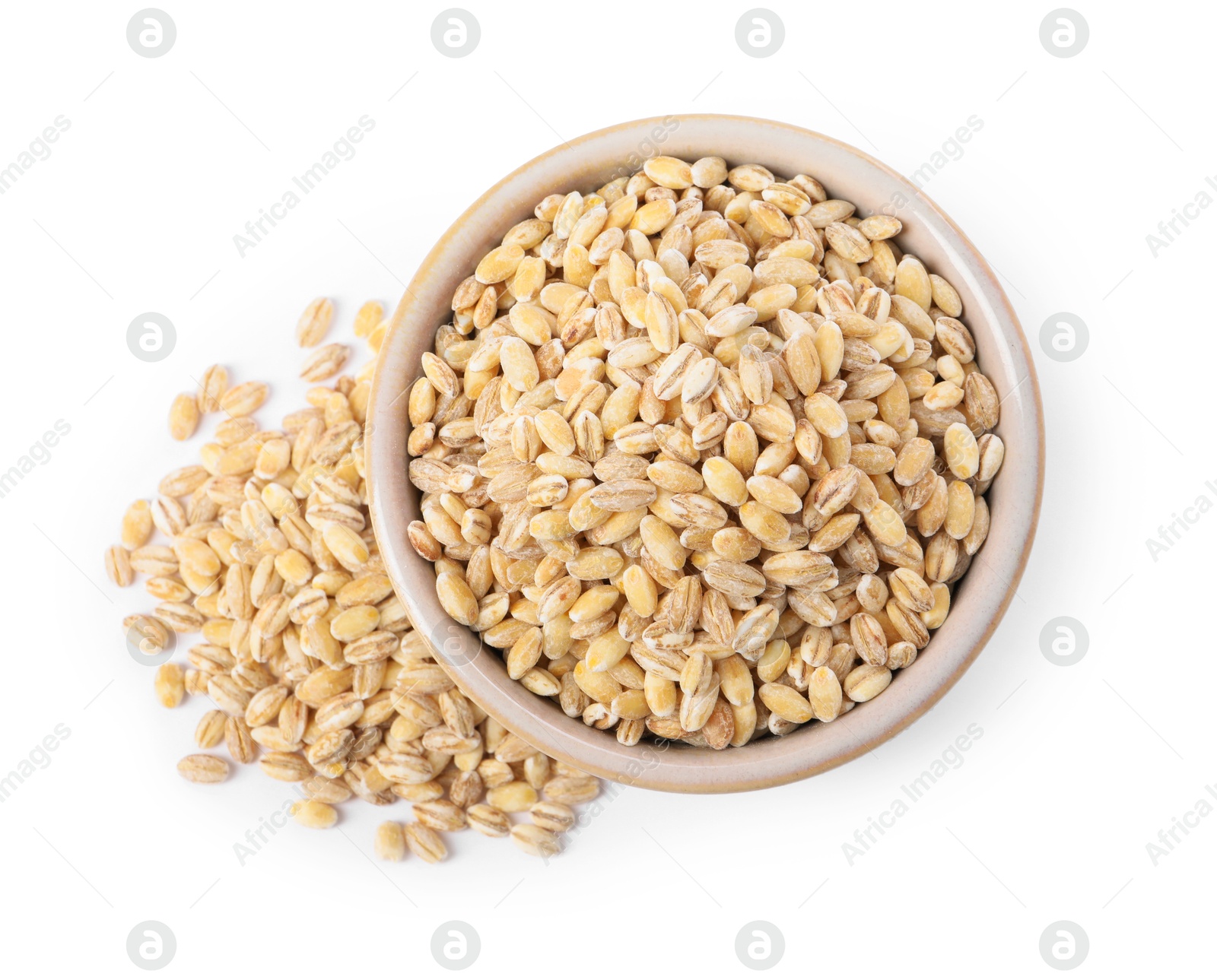 Photo of Pearl barley groats in bowl isolated on white, top view