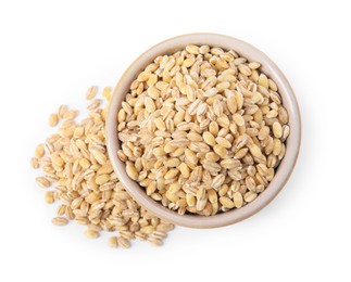 Pearl barley groats in bowl isolated on white, top view