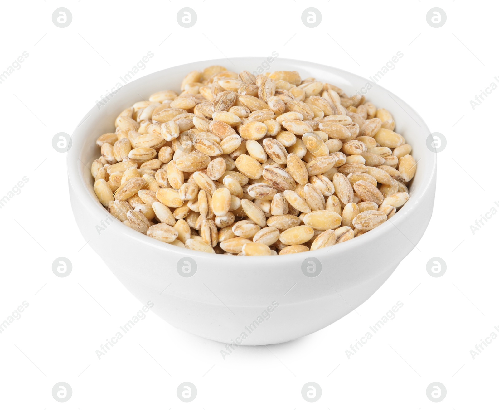 Photo of Pearl barley groats in bowl isolated on white