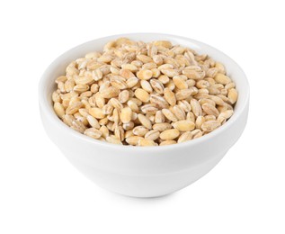 Photo of Pearl barley groats in bowl isolated on white