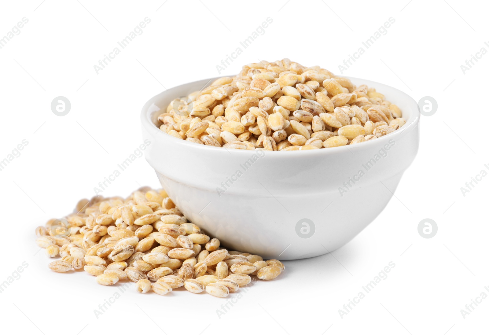 Photo of Pearl barley groats in bowl isolated on white