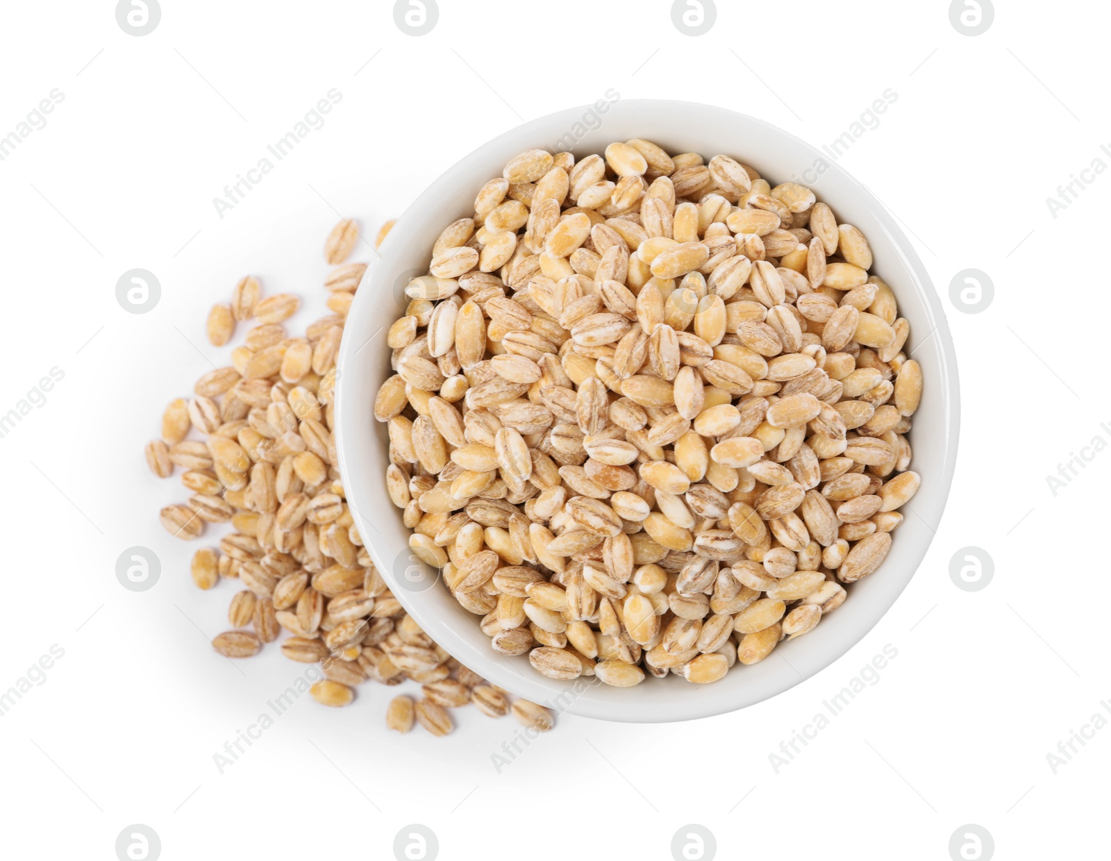 Photo of Pearl barley groats in bowl isolated on white, top view