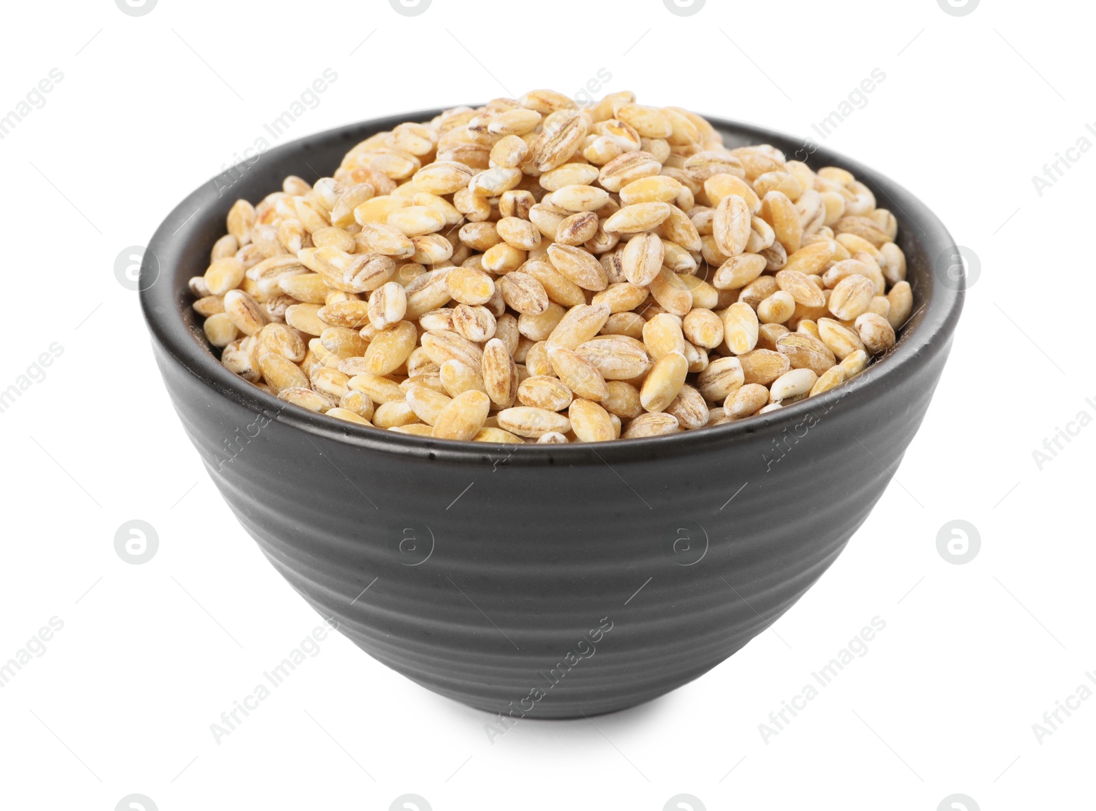 Photo of Pearl barley groats in bowl isolated on white