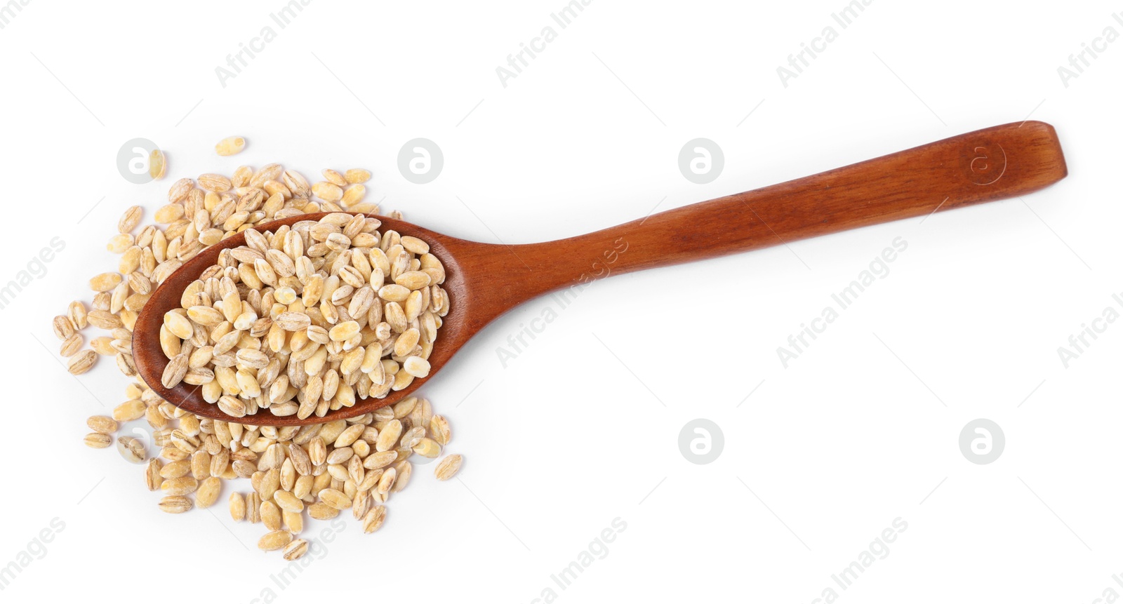 Photo of Spoon with pearl barley groats isolated on white, top view