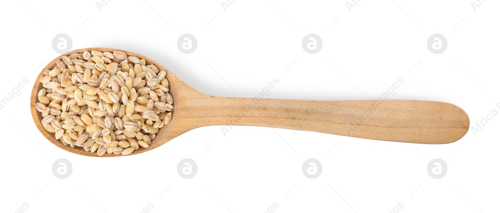 Photo of Spoon with pearl barley groats isolated on white, top view