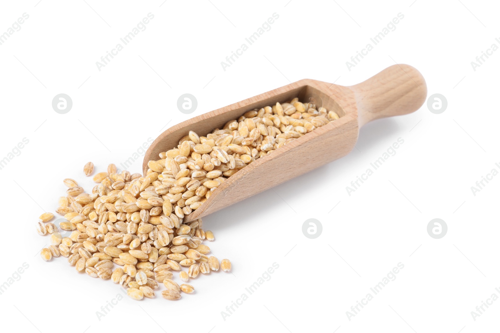 Photo of Scoop with pearl barley groats isolated on white