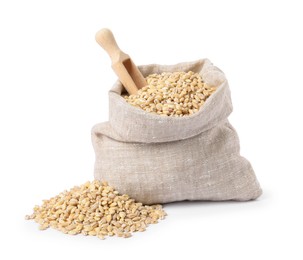 Pearl barley groats and scoop in sack isolated on white