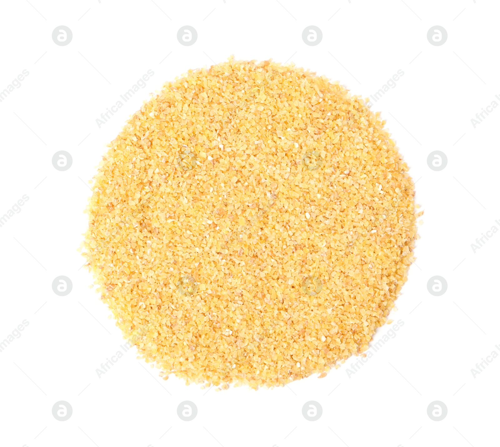 Photo of Pile of raw wheat groats isolated on white, top view