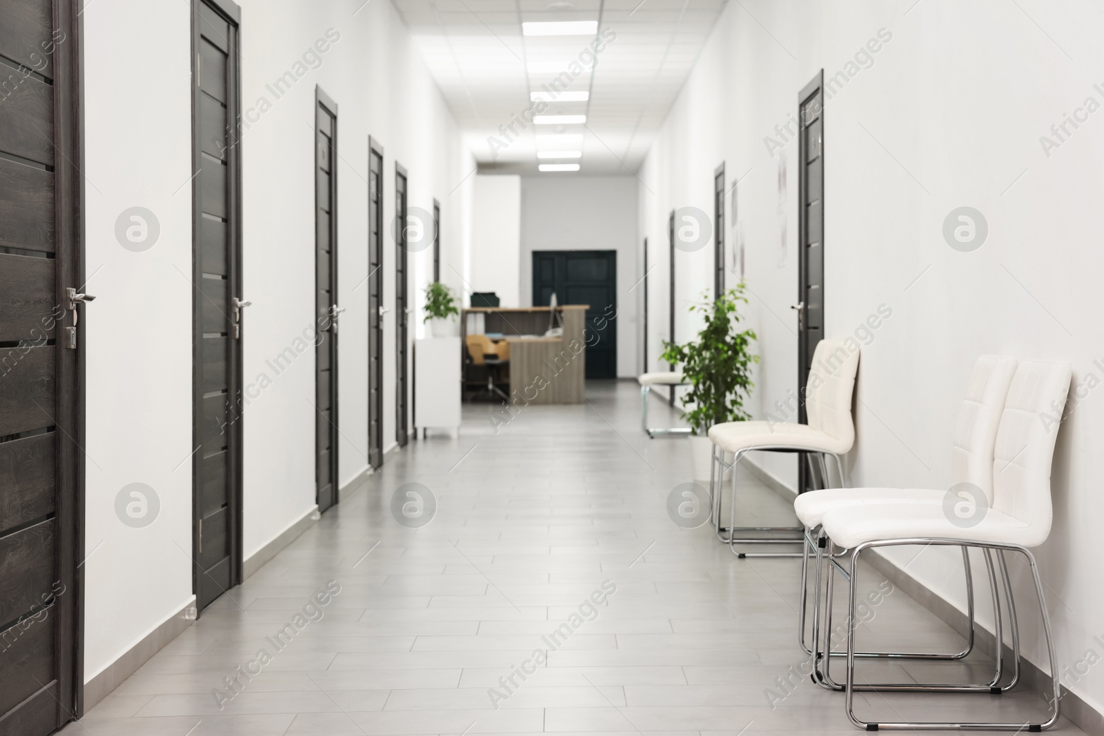 Photo of Empty hospital corridor with chairs and doors