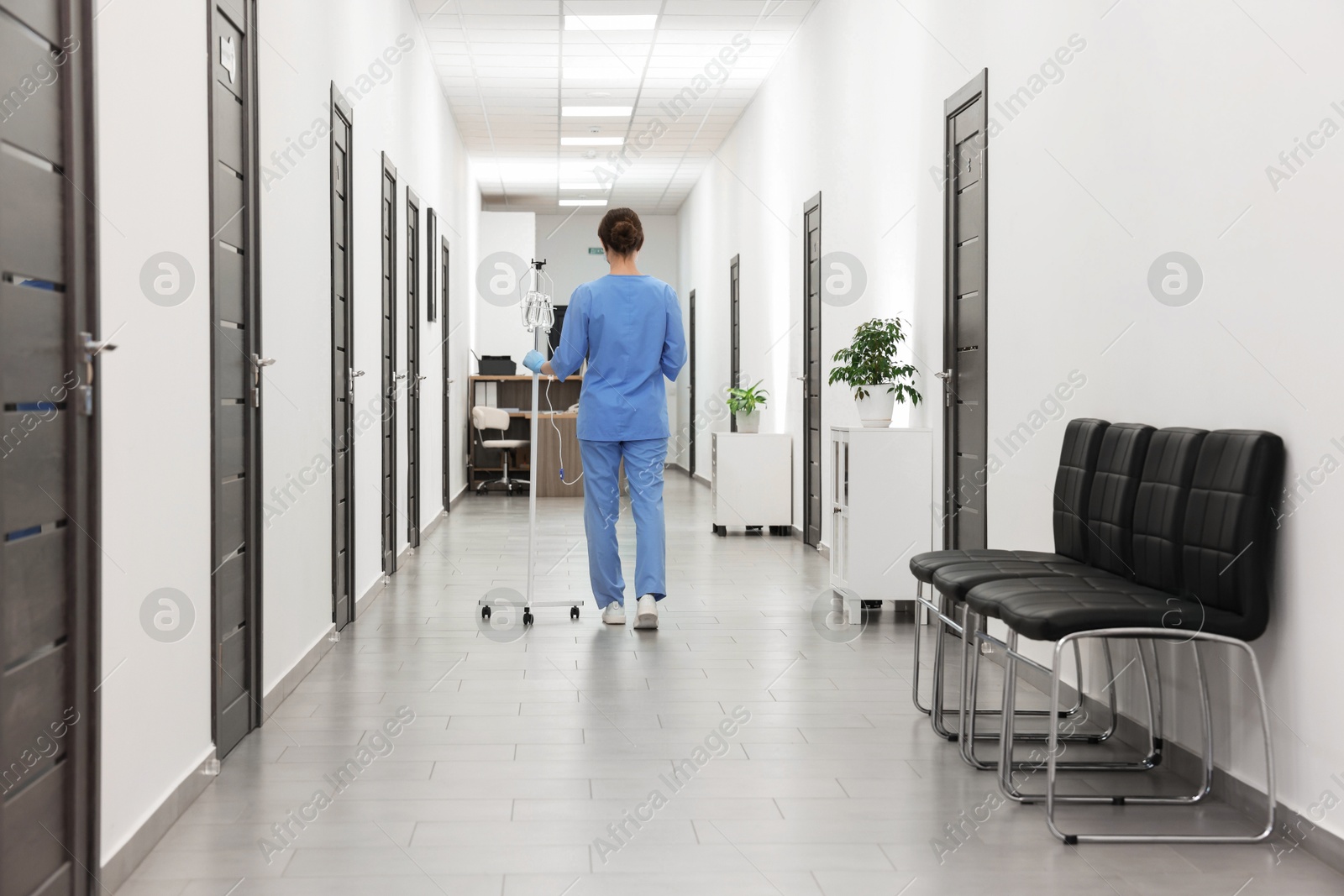 Photo of Nurse with IV drip in hospital hallway, back view