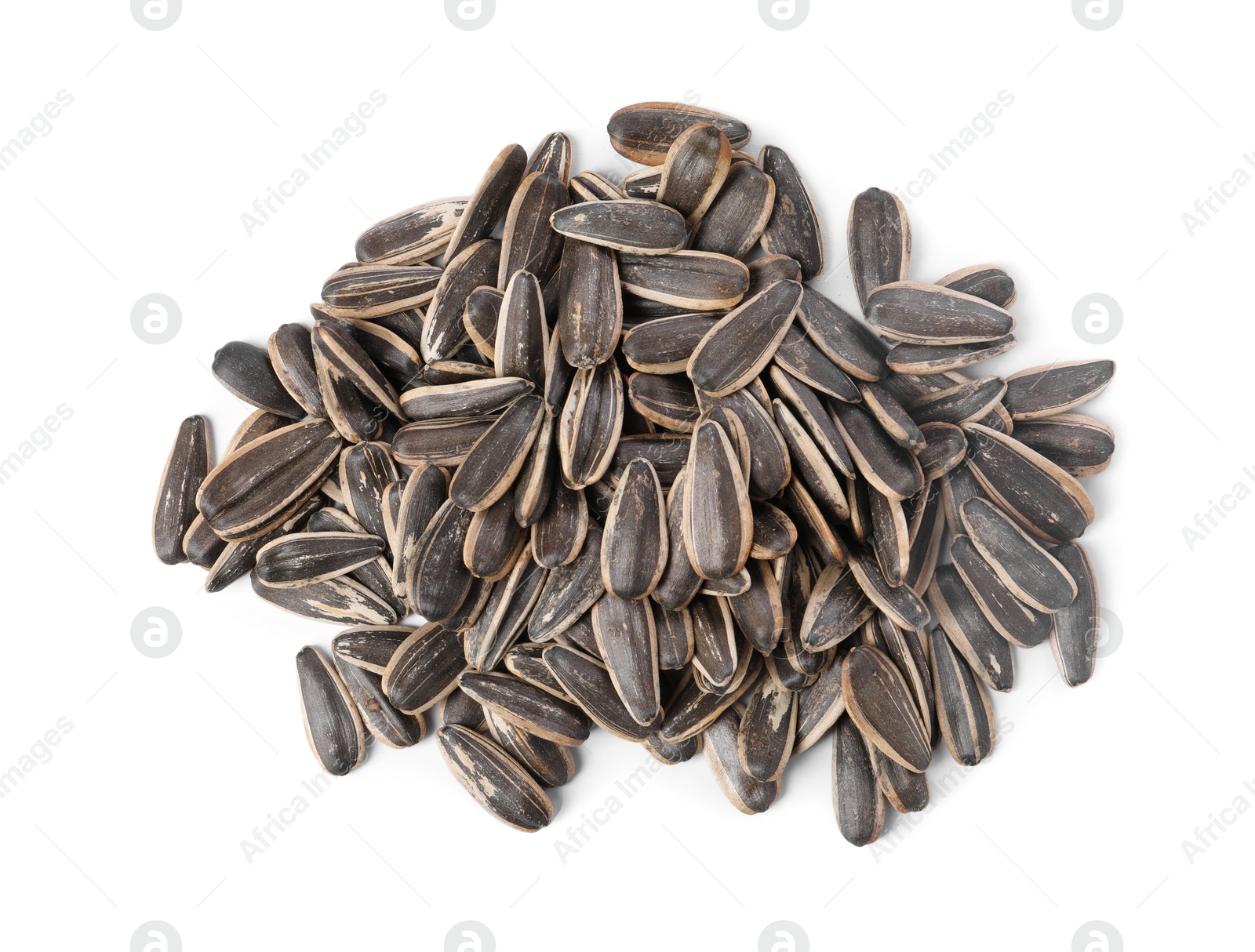 Photo of Pile of sunflower seeds isolated on white, top view