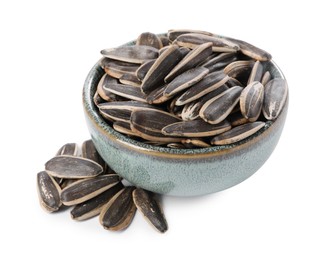 Photo of Sunflower seeds in bowl isolated on white