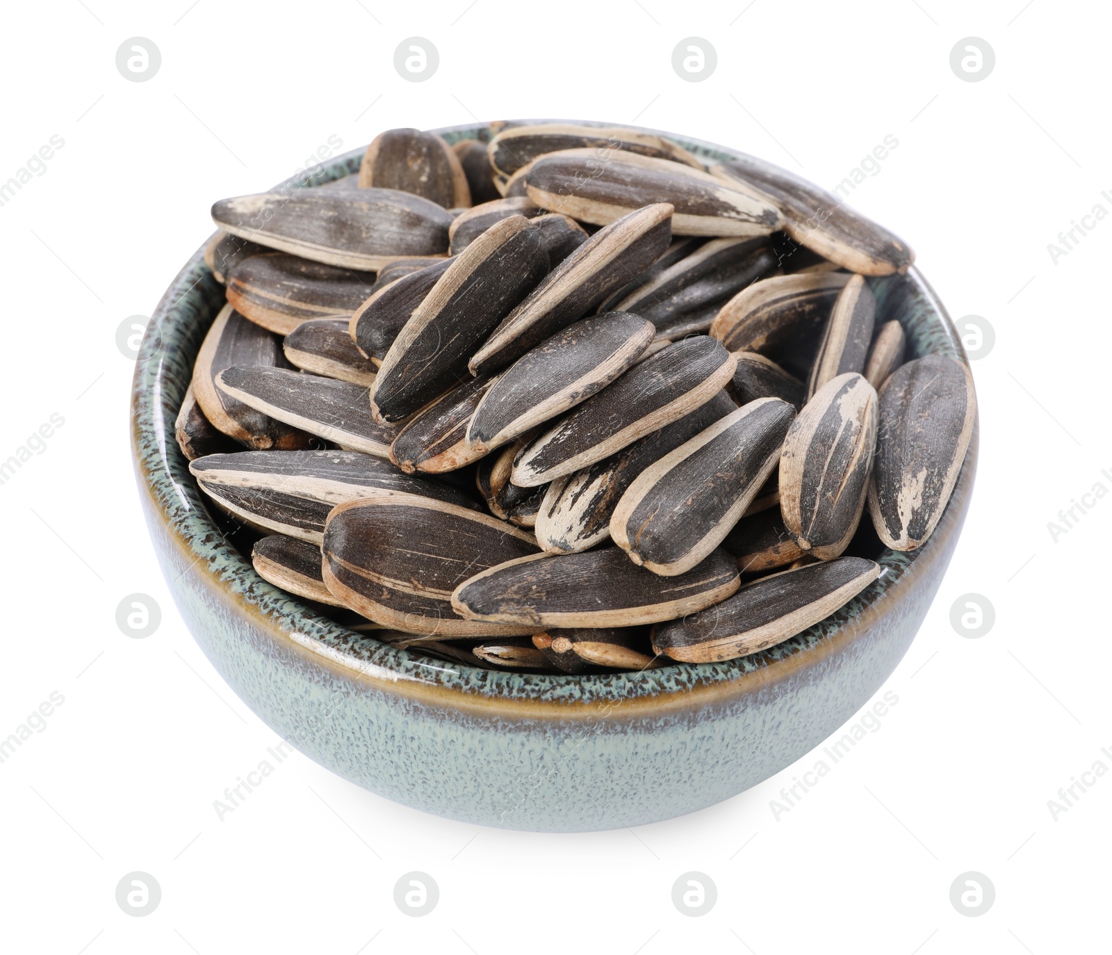 Photo of Sunflower seeds in bowl isolated on white