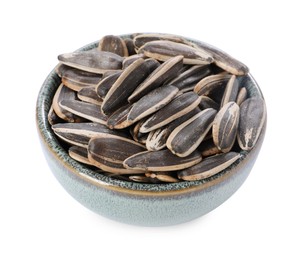 Photo of Sunflower seeds in bowl isolated on white