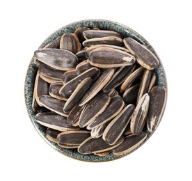 Photo of Sunflower seeds in bowl isolated on white, top view