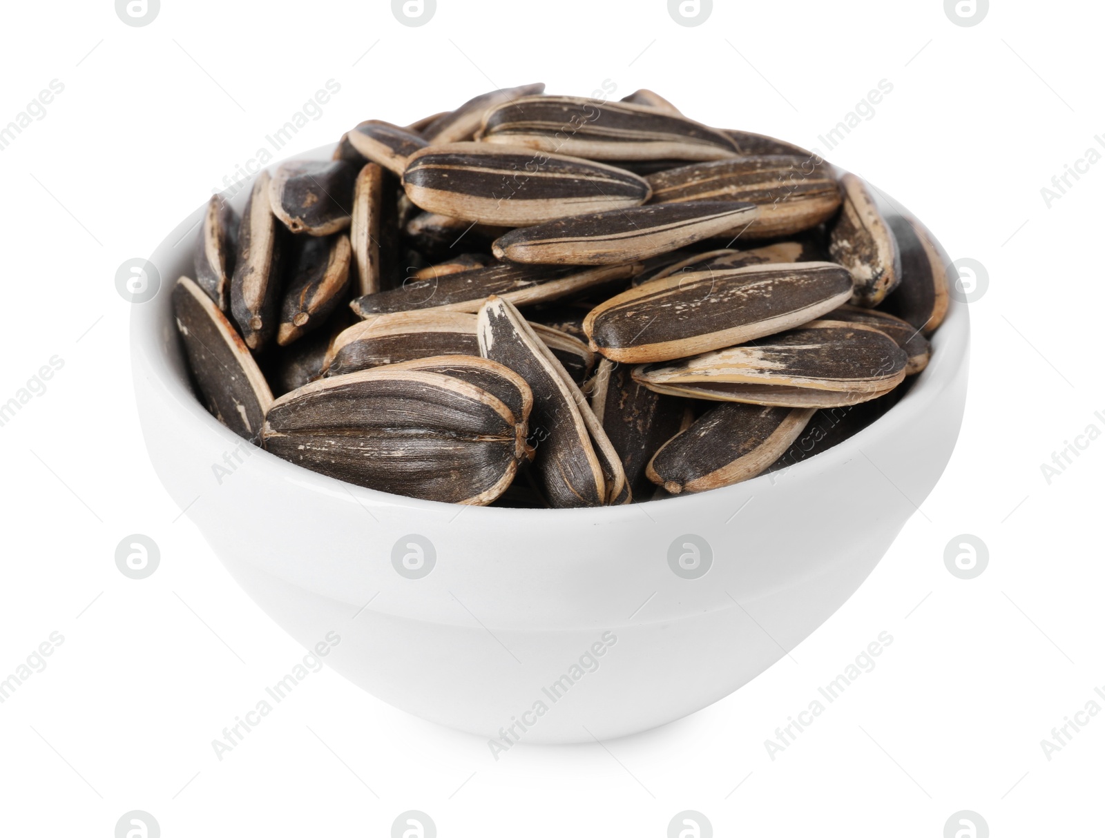 Photo of Sunflower seeds in bowl isolated on white