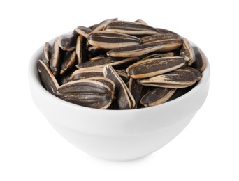 Photo of Sunflower seeds in bowl isolated on white