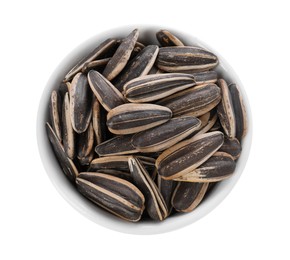 Photo of Sunflower seeds in bowl isolated on white, top view