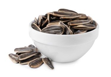 Photo of Sunflower seeds in bowl isolated on white