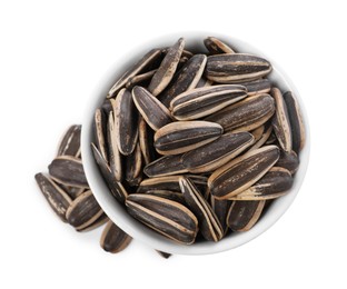 Photo of Sunflower seeds in bowl isolated on white, top view