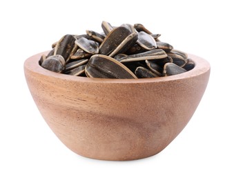 Photo of Sunflower seeds in wooden bowl isolated on white