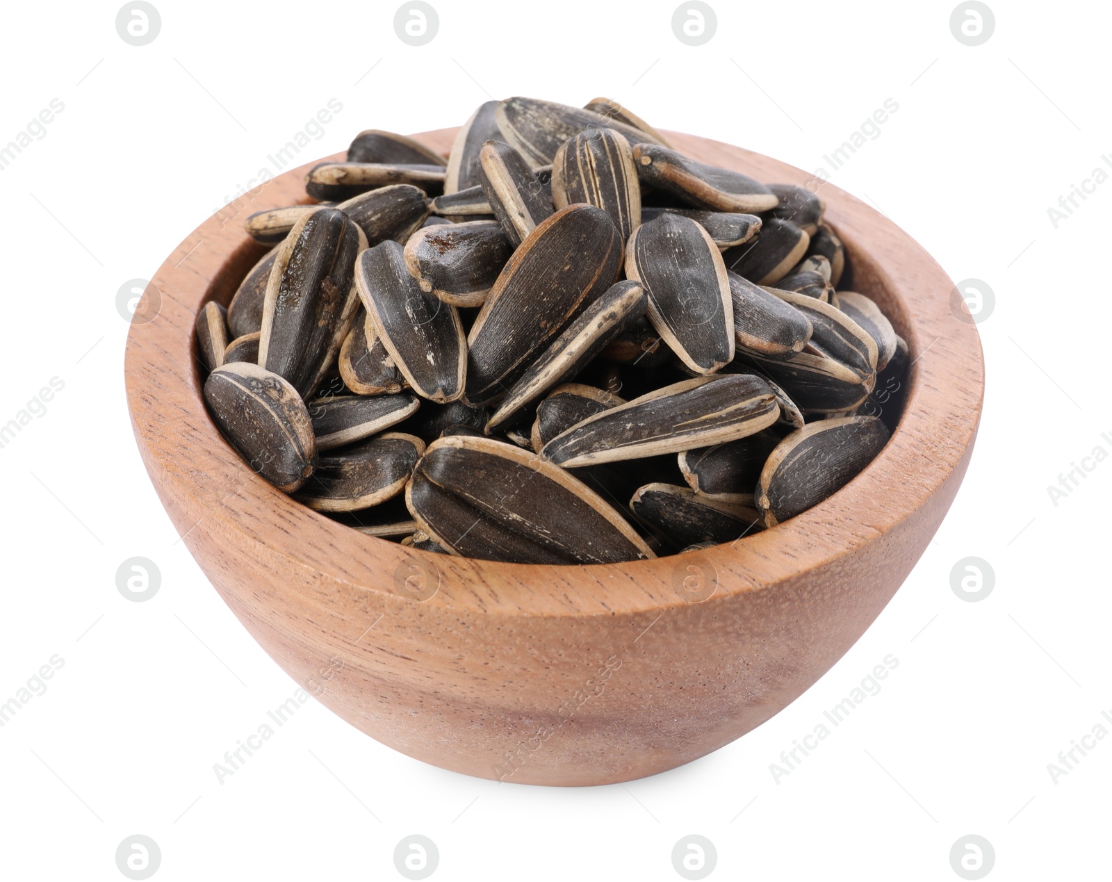 Photo of Sunflower seeds in wooden bowl isolated on white