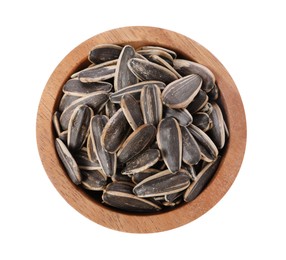 Sunflower seeds in wooden bowl isolated on white, top view