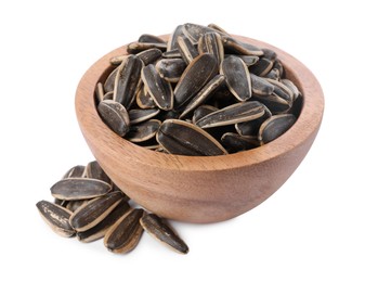 Photo of Sunflower seeds in wooden bowl isolated on white